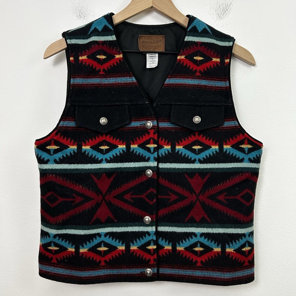 Vintage Pendleton Wool Blend Vest Western Navajo Button Womens Size M USA Made